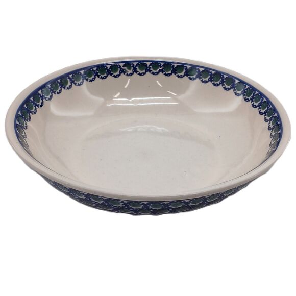 Boleslawiec Polish Pottery Blue Lattice With Green Dot Round Bowl 10.5" x 2.25" - Picture 2 of 12